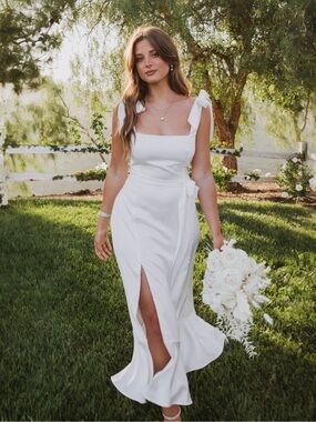 Show Me Your Mumu Garden Midi Dress Womens Medium White Luxe Satin Side Slit